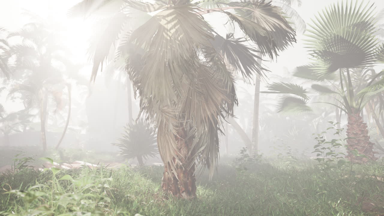 나무 가 있는 안개 가 가득 한 열대 숲