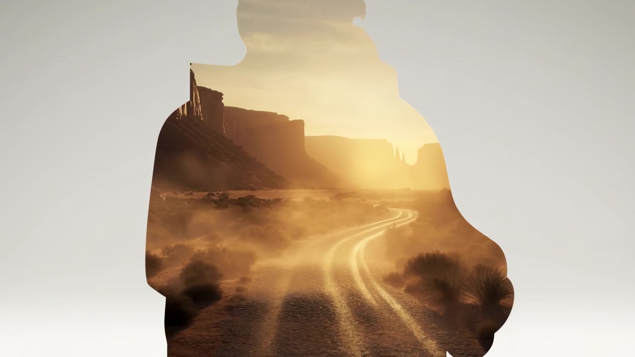 Double Exposure Silhouette With Desert Road, Layered Landscape Reveals Sunlit Canyon And Winding Path