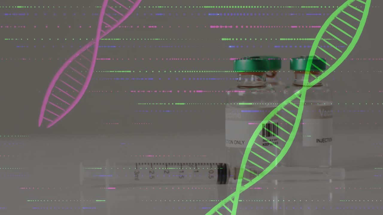 Medical vials being presented on reflective surface, featuring syringe and neon DNA glitch