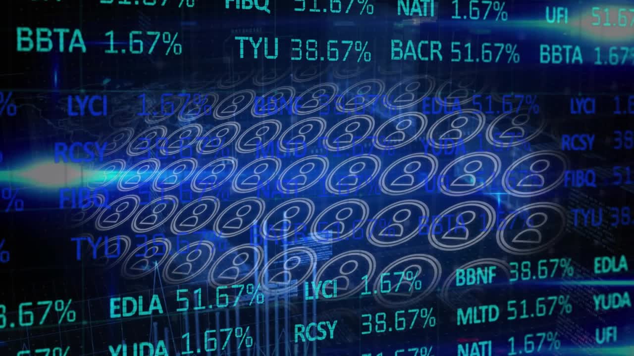 Animation of profile icons and trading board with lens flares against abstract background
