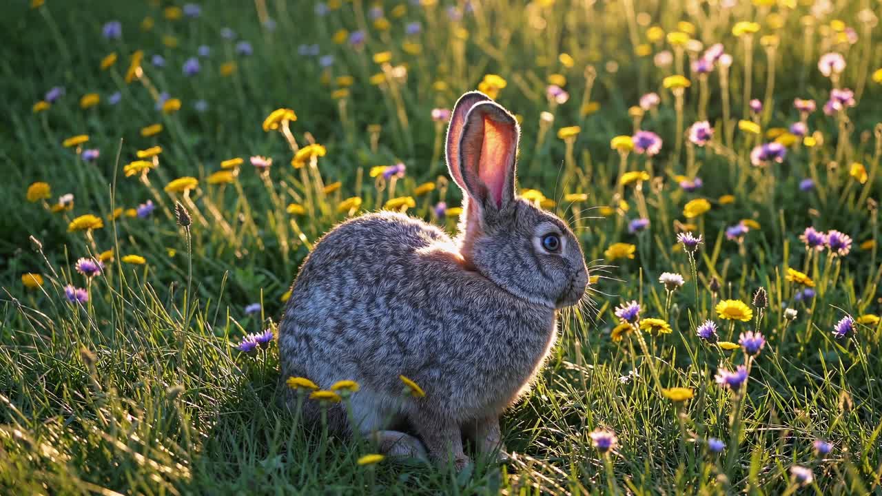 Uma tomada de vídeo em ângulo baixo de um coelho em um prado ensolarado, cercado por flores silvestres coloridas
