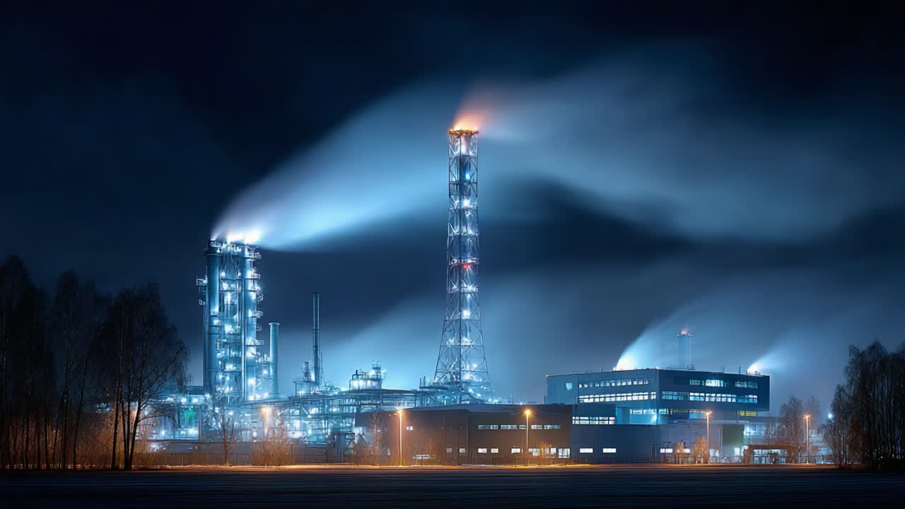 Illuminated Industrial Complex at Night with Emitting Vapors and Steam, Showcasing a Modern Ecosystem of Engineering and Technology in a Subtle Blue Hue