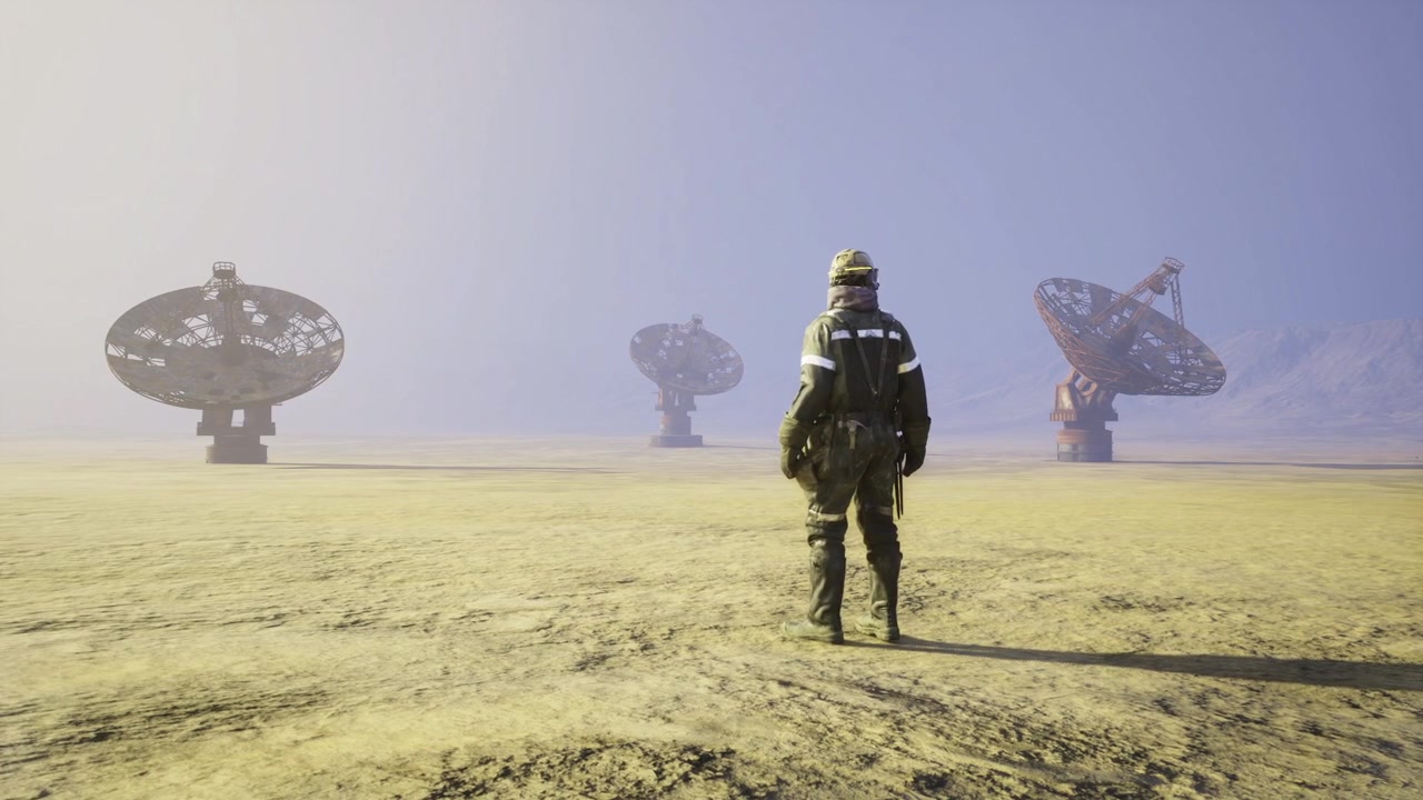 An isolated technician moves across arid terrain toward signal stations