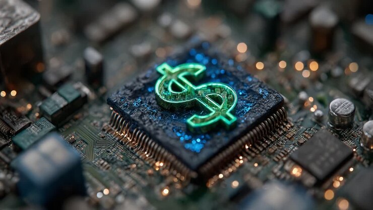 L'evoluzione dei simboli di valuta digitale: primo piano di un simbolo del dollaro luminoso su un circuito stampato, che rappresenta l'intersezione tra tecnologia e finanza