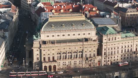 aerial view of national theatre exterior and street intersection, prague