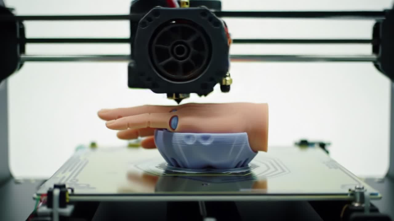 En avanceret 3D-printer skaber en detaljeret håndmodel med præcision, der viser fremtiden inden for additiv produktionsteknologi.