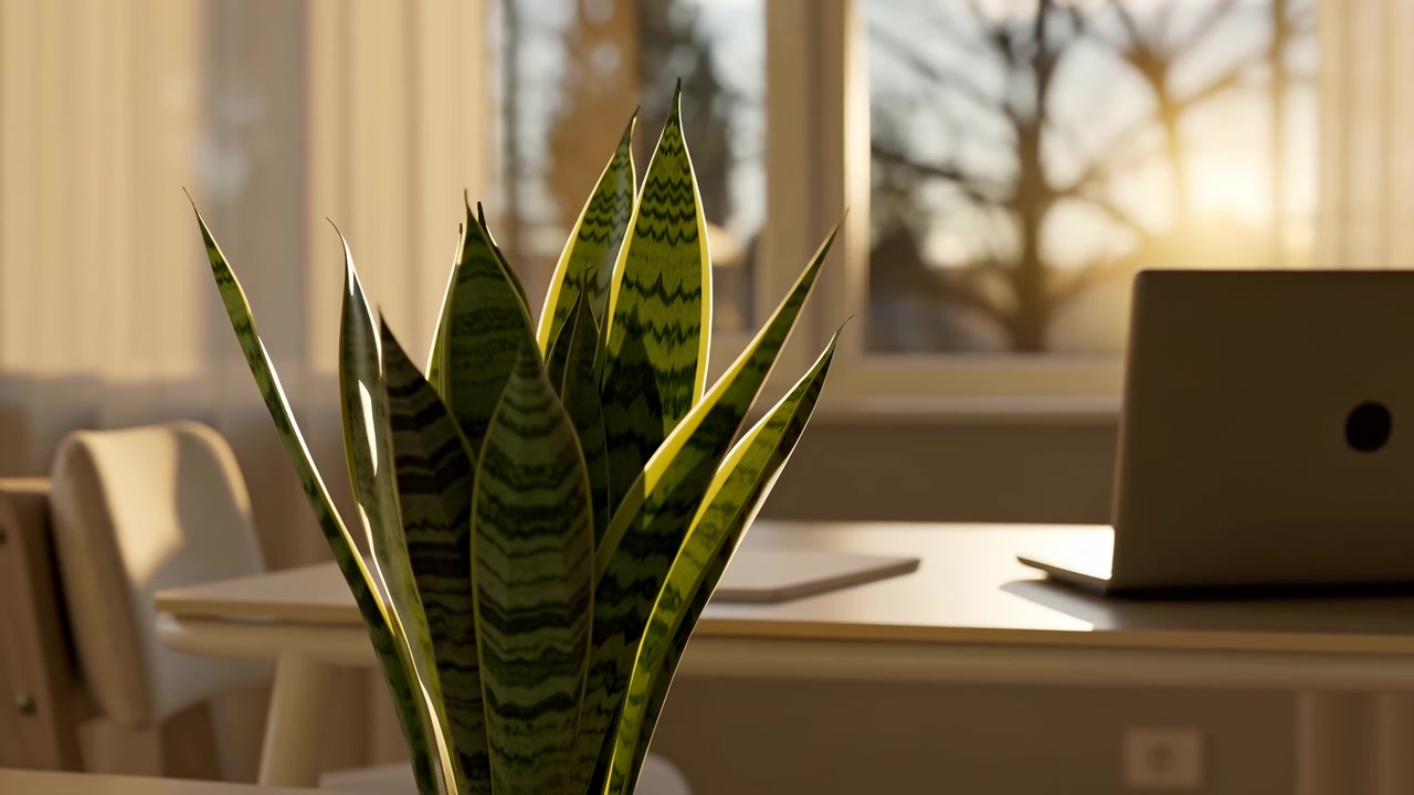 Spazio di lavoro moderno e calmo con un laptop su una scrivania accanto a una pianta di Sansevieria in vaso, incorniciato dalla calda luce solare serale, tende morbide e una finestra luminosa in un ambiente pulito.