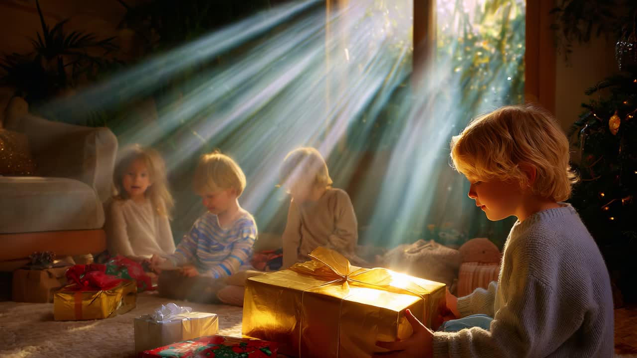 A Magical Moment of Anticipation: Children Gather Around Gleaming Gifts While Sunlight Streams Through the Windows, Filling the Room with Joy and Wonder During a Festive Season Celebration
