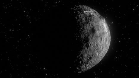 high quality and very detailed cgi render of a dramatic orbit shot of the giant asteroid vesta in deep space