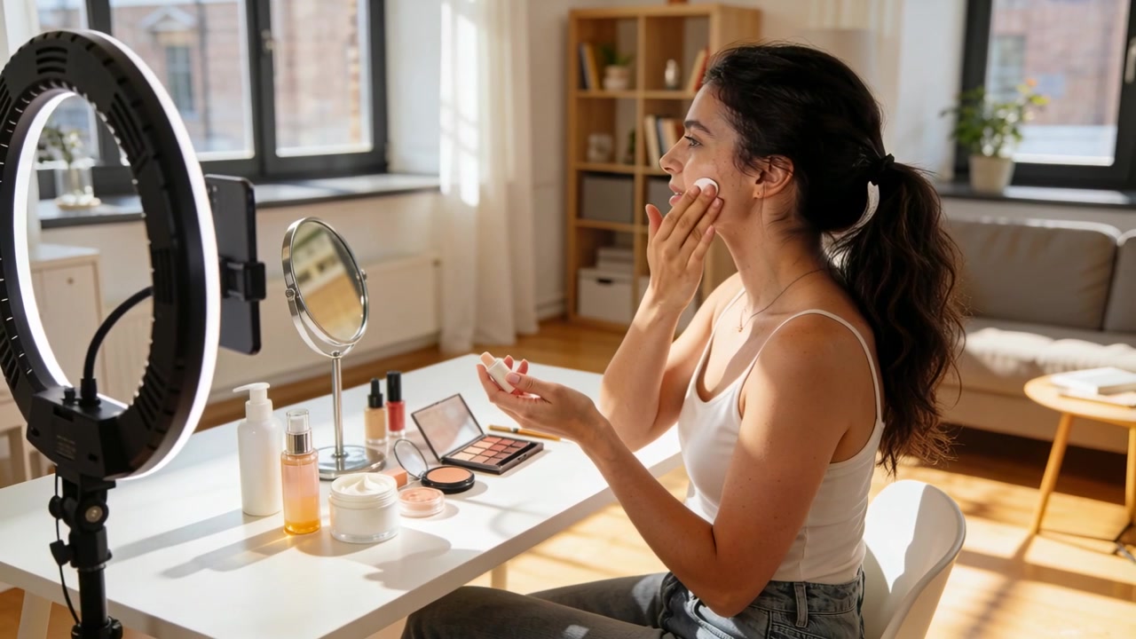 Dabbing woman in tank and jeans filming compact clip at vanity in living room, ringlight-smartphone
