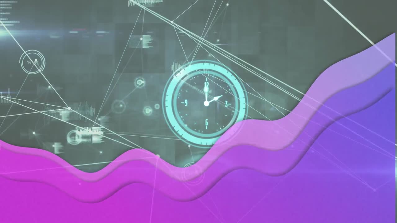Animation of clock moving fast over purple wave and network of connections