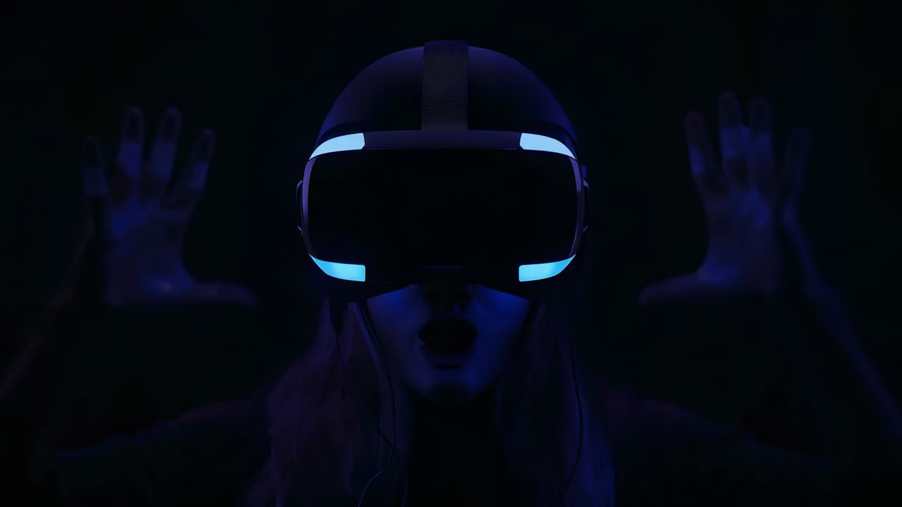 Adjusting headset, woman forming heart then opening palms, smiling in studio, interacting with VR