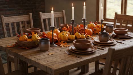 thanksgiving or autumn harvest dining table with pumpkins and candles