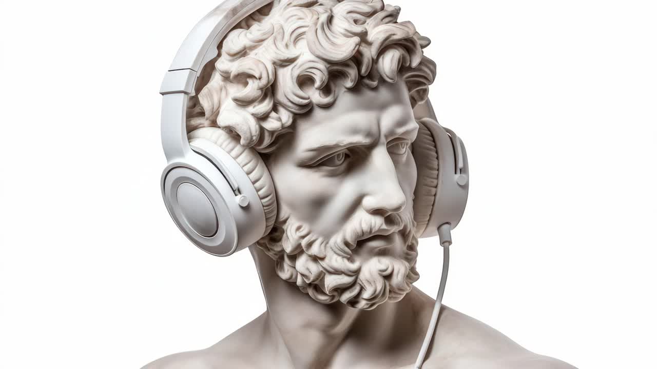A close-up video concept of a classical marble statue wearing modern headphones, blending ancient