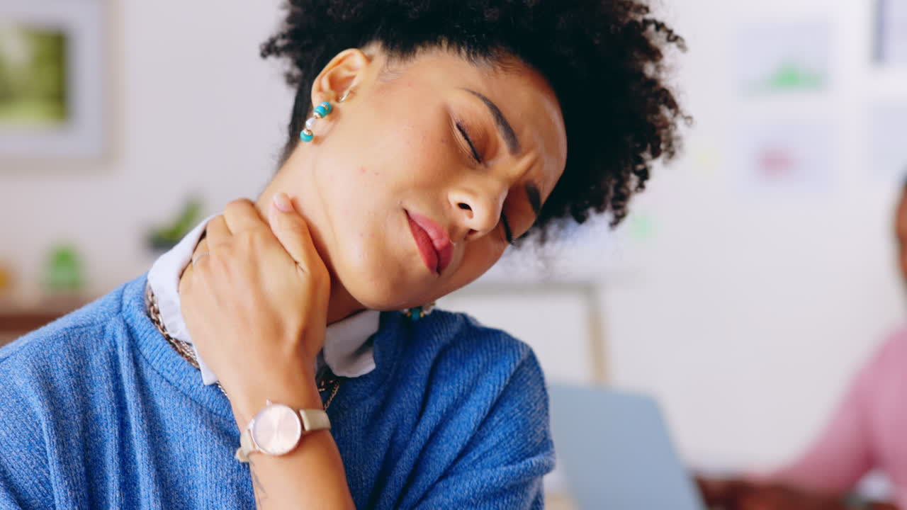 Business woman, neck pain and stress with muscle
