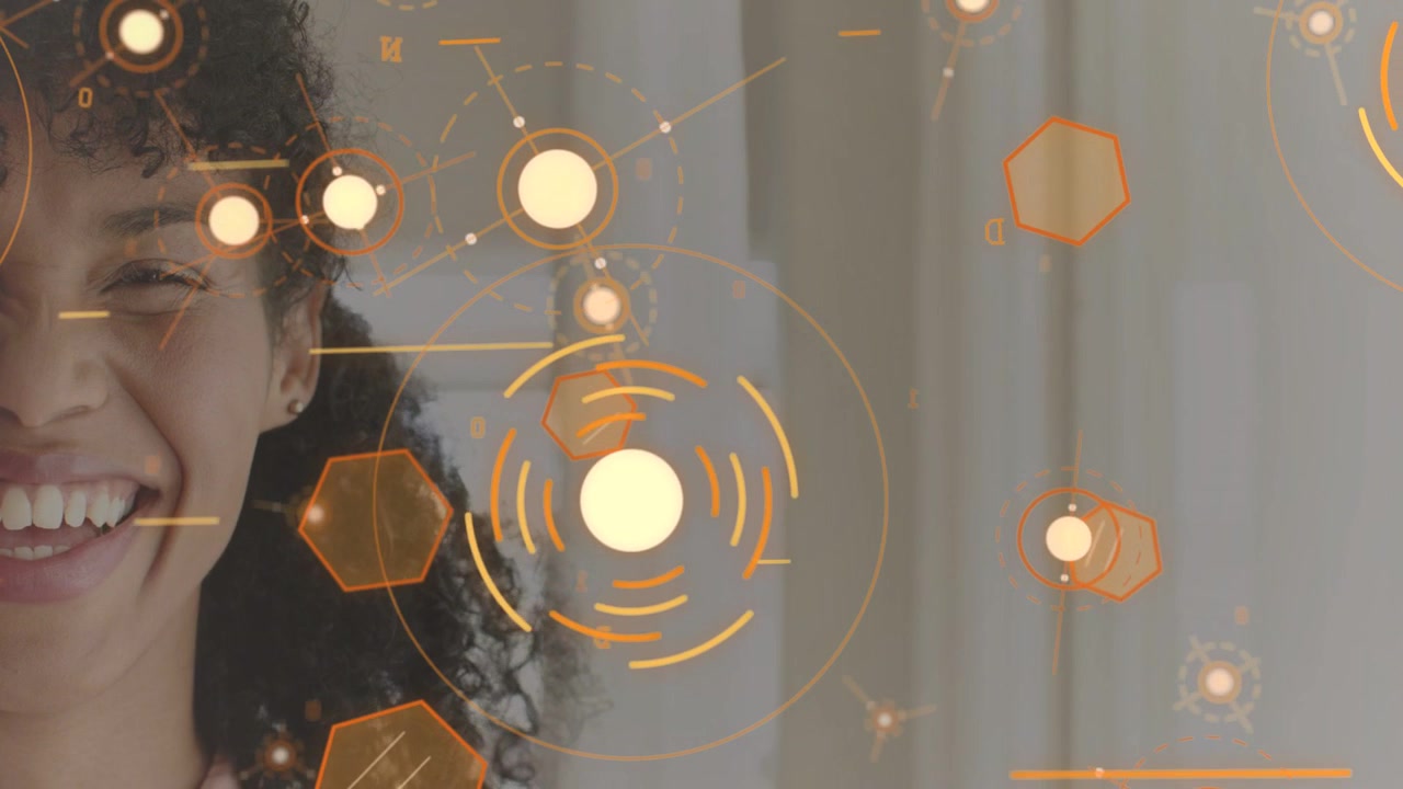 Woman smiling then laughing as animated orange HUD ring appearing near cheek, causing AR response