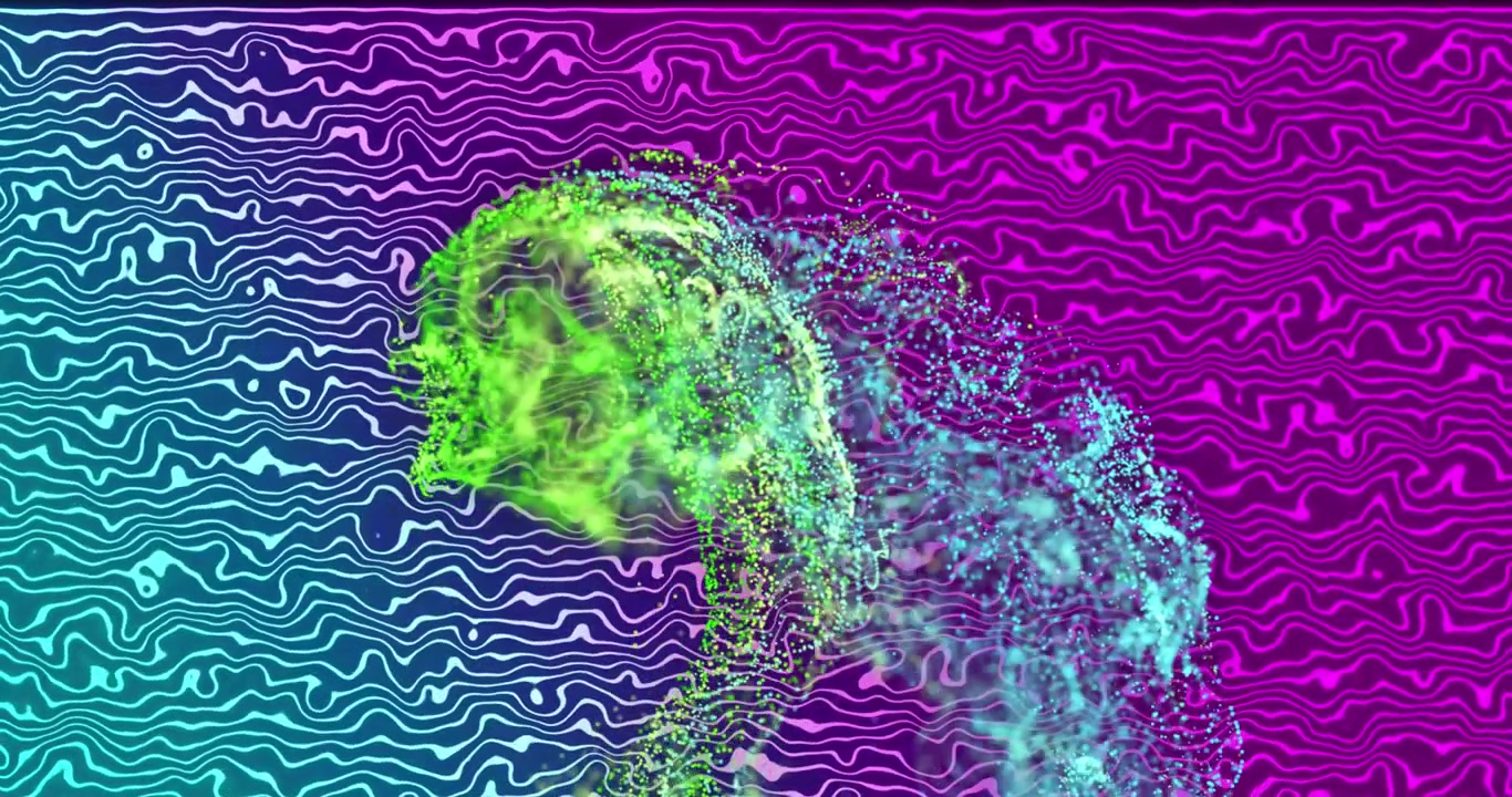 Animace zelených a modrých digitálních vln pohybujících se na fialovém pozadí s gradientní texturou.