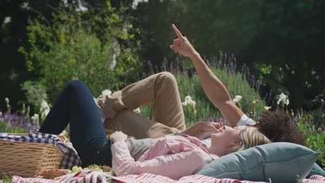 happy diverse couple having picnic in garden on sunny day