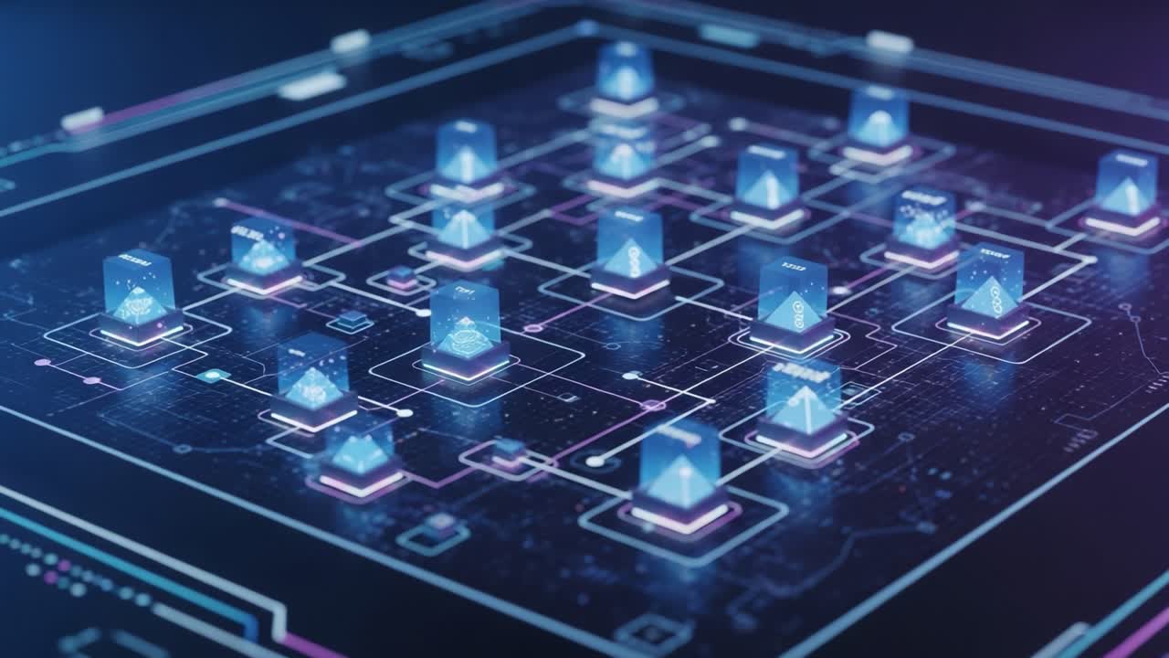 A futuristic digital network showcasing interconnected geometric shapes, illuminated with vibrant colors and intricate patterns, symbolizing advanced technology and connectivity