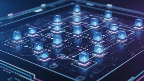 a futuristic digital network showcasing interconnected geometric shapes, illuminated with vibrant colors and intricate patterns, symbolizing advanced technology and connectivity