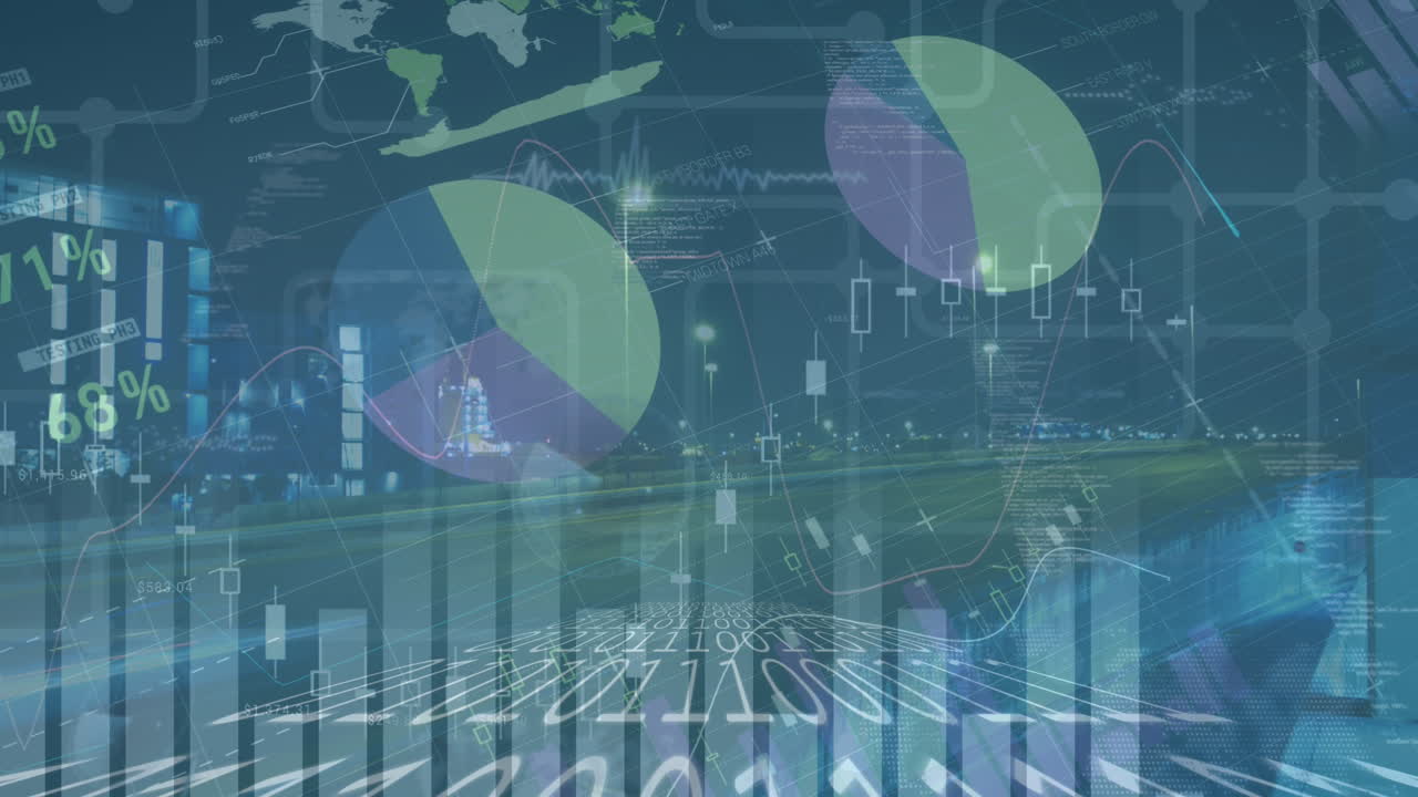 Animation of graphs and data over timelapse with night road traffic