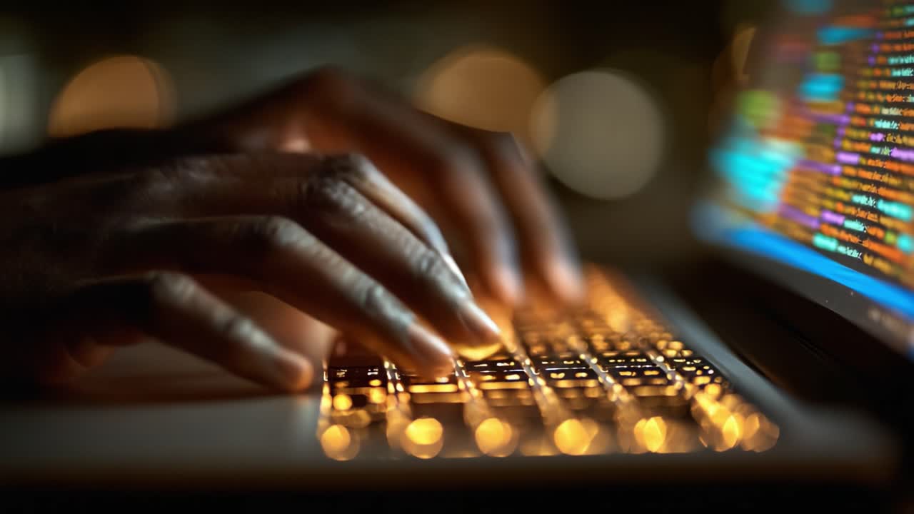 A close-up view of hands typing on a backlit keyboard, showcasing the vibrant glow of keys and the illuminated code on the screen, reflecting a night of coding and creativity