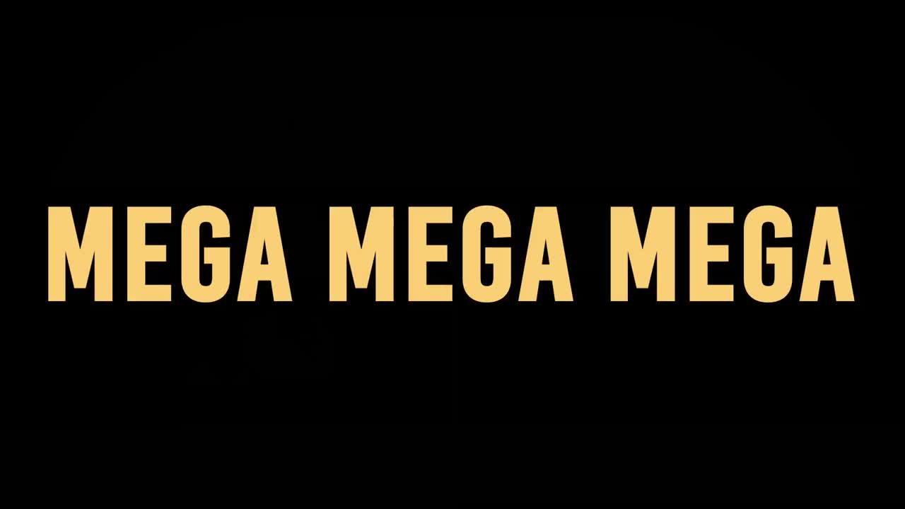 Animazione di un banner di testo "Mega Saldi" su linee ondulate verdi in movimento su sfondo nero.