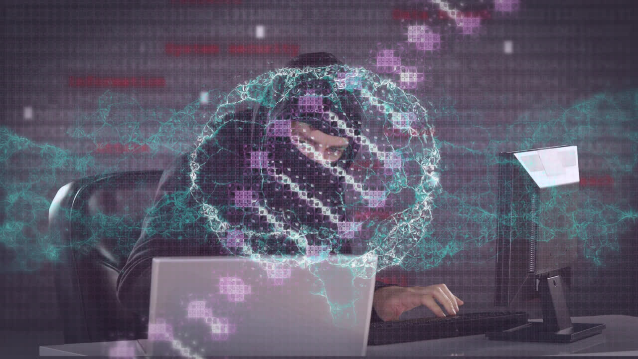 animación del procesamiento de datos sobre un hacker con una computadora portátil