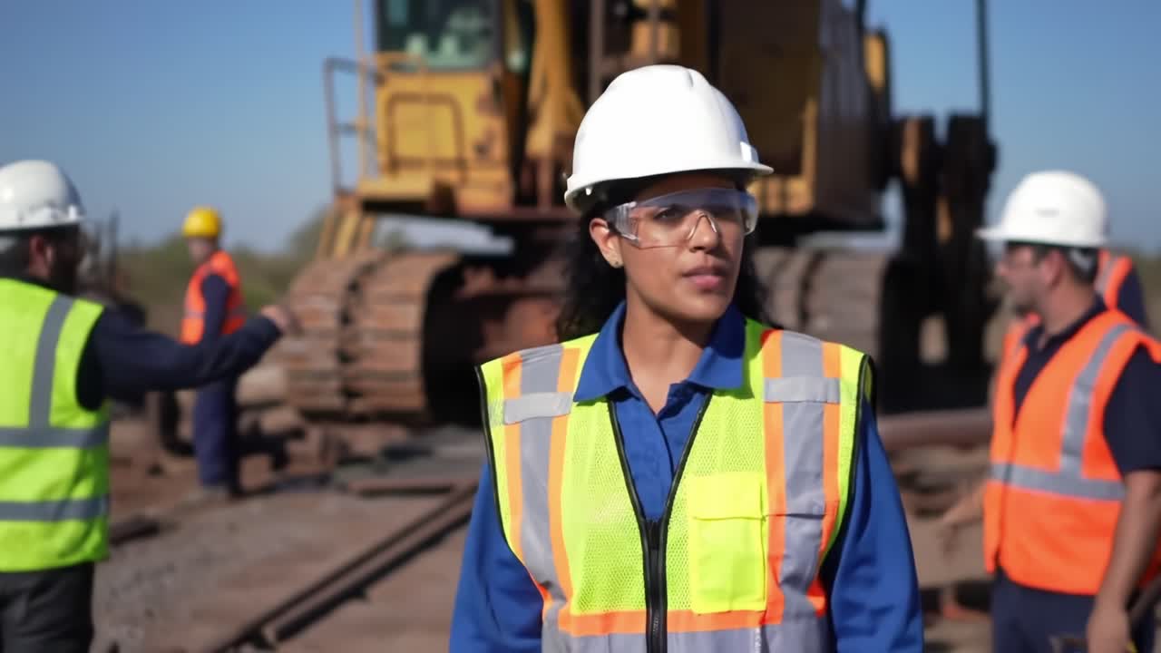 Engineers Work Together on Railway Construction Site in Bright Safety Gear During Sunny Day