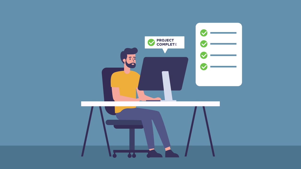 Animated Man Completing Project Tasks with Checklist on Computer