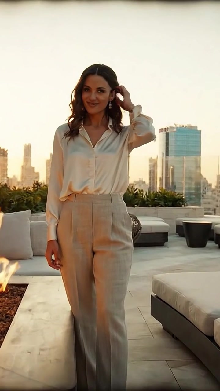 Mujer elegante con atuendo de moda disfruta del atardecer en un lounge en la azotea, disfrutando de un ambiente relajado mientras sostiene cócteles refrescantes en un entorno chic.