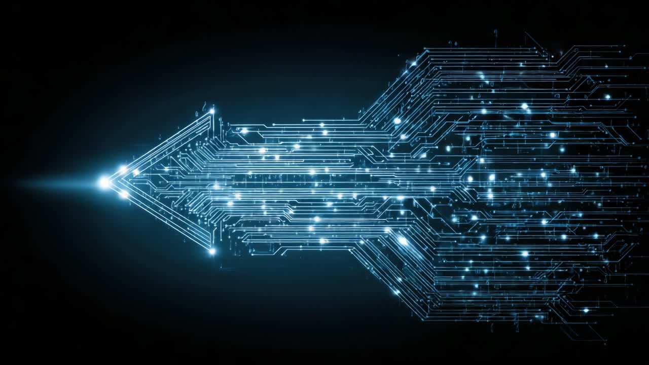 Digital Arrow Design with Circuit Patterns Representing Progress and Movement Through Technology in a Dark Background