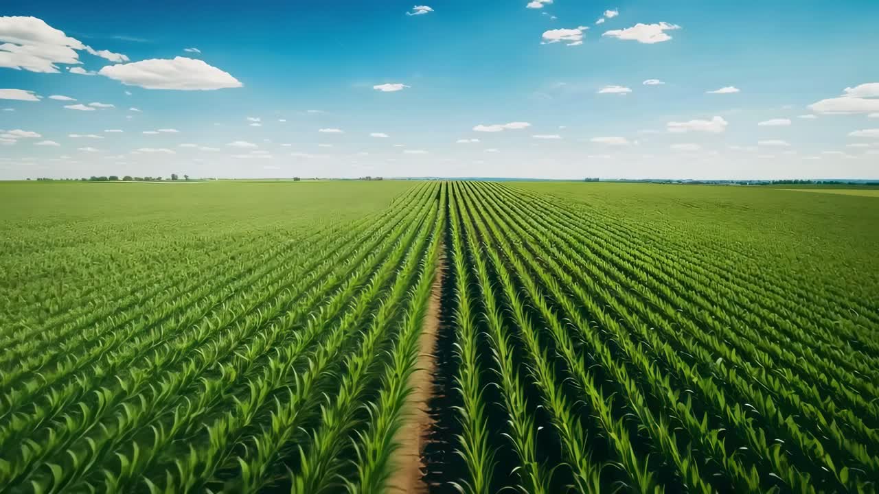 Video aereo che cattura vaste file simmetriche di un campo di mais verdeggiante sotto un cielo azzurro e limpido