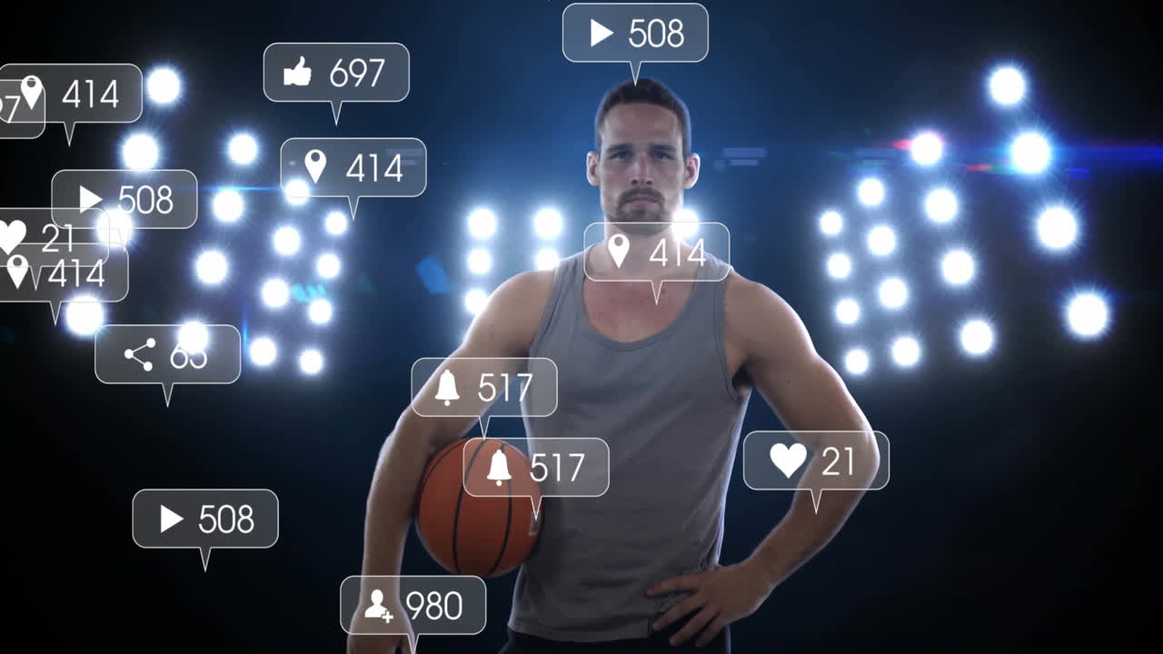 Holding basketball, athlete surrounded by animation of social media notification icons