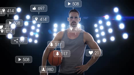 holding basketball, athlete surrounded by animation of social media notification icons