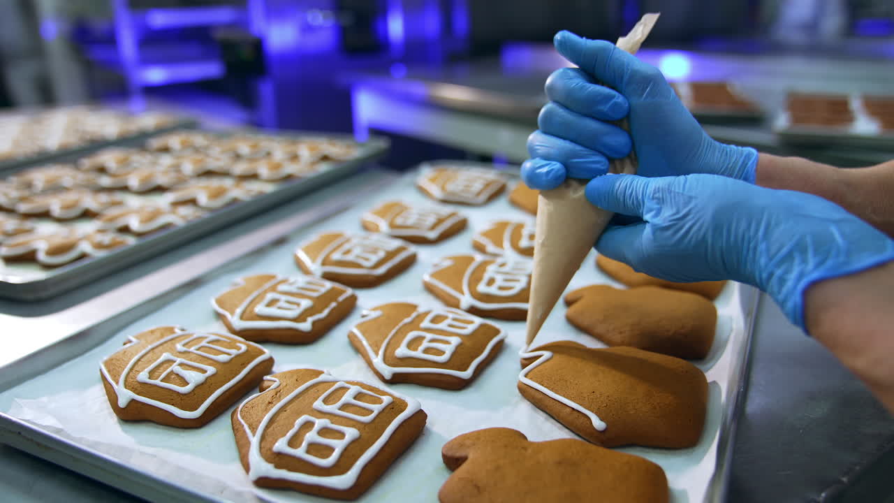 Confectionery worker holding a pastry bag and squeezing white cream on the cookies. Gingerbread houses close up. Trays with pastry in blur at background.
