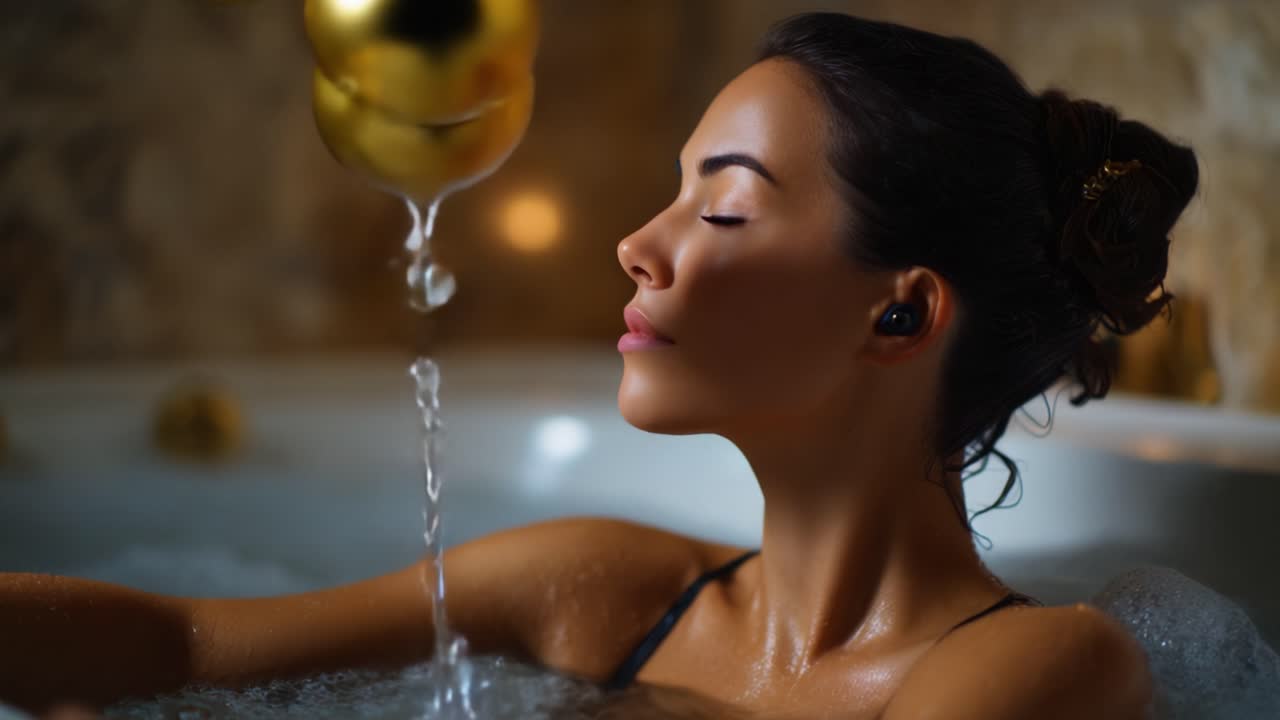 Relax nella vasca da bagno con gli auricolari: Una donna serena si gode un momento di pace in un lussuoso ambiente spa circondata da bolle e luce soffusa
