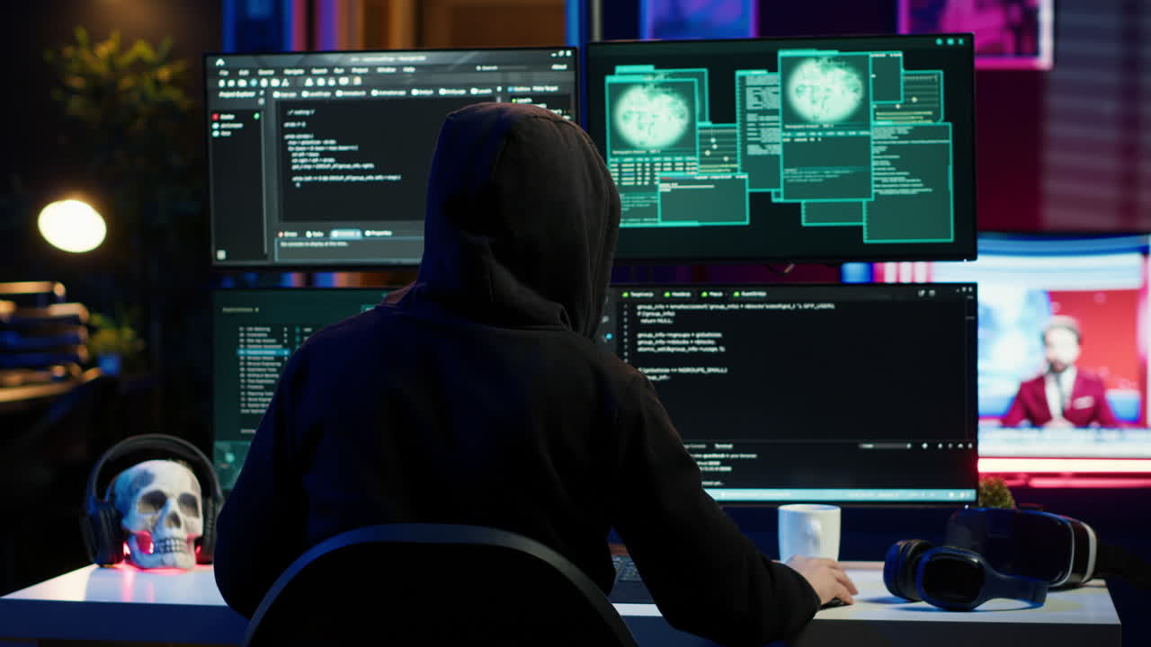 Malicious man hacking, stealing credit card numbers