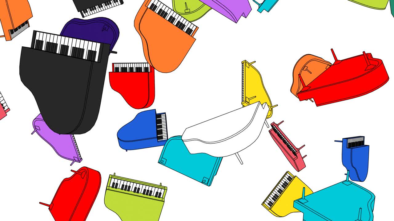 muchos pianos coloridos sobre un fondo blanco.