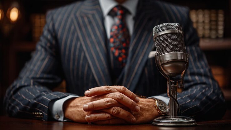 A Professional Speaker's Poise: Capturing the Essence of Confidence and Style in Front of a Vintage Microphone, Ready to Engage the Audience with Insightful Dialogue