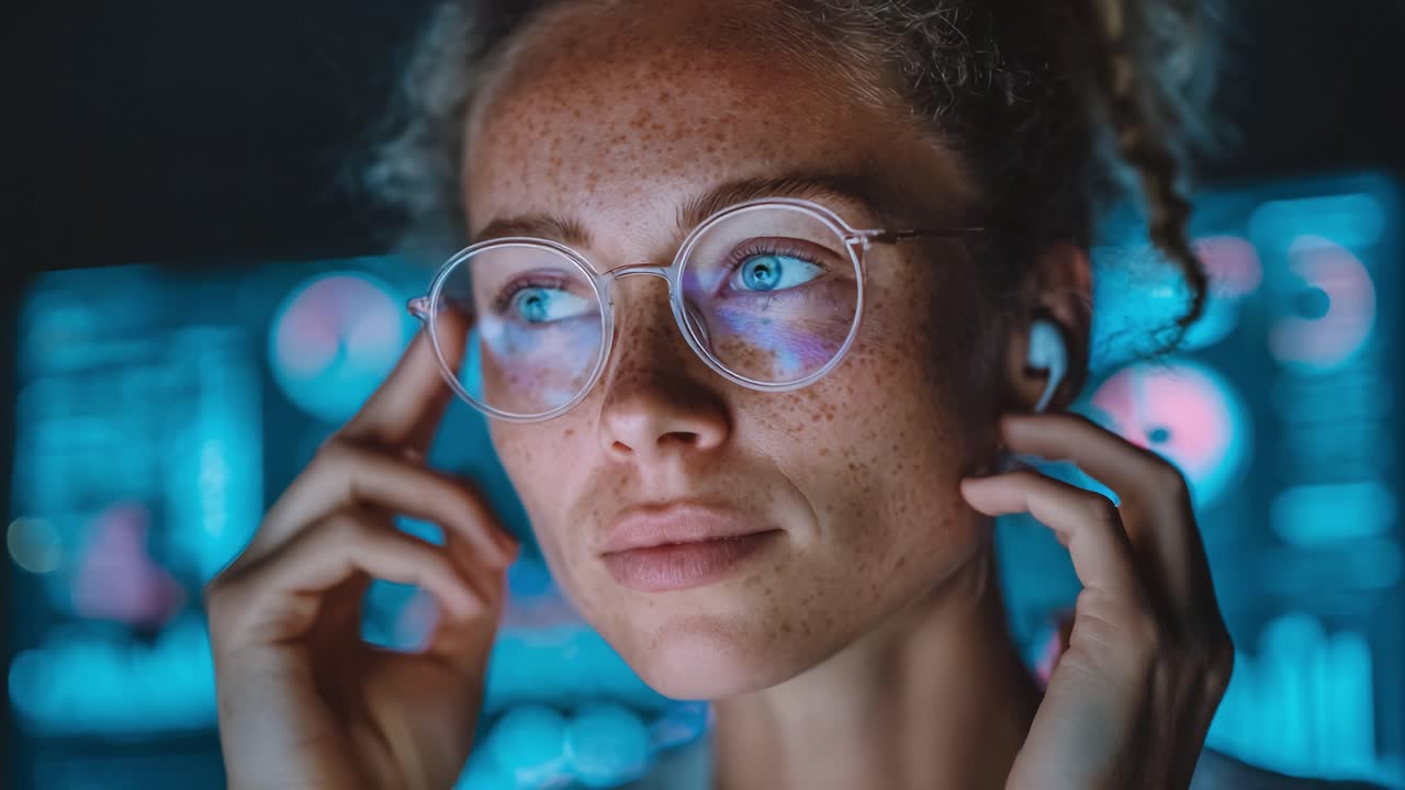 A Thoughtful Young Woman with Freckles Intently Engaging with Digital Analytics While Wearing Wireless Earbuds and Stylish Glasses in a Dark Environment