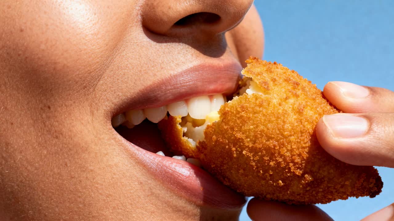 Bringing breaded snack to lips, woman biting, pulling piece with right hand under blue sky, crumbs