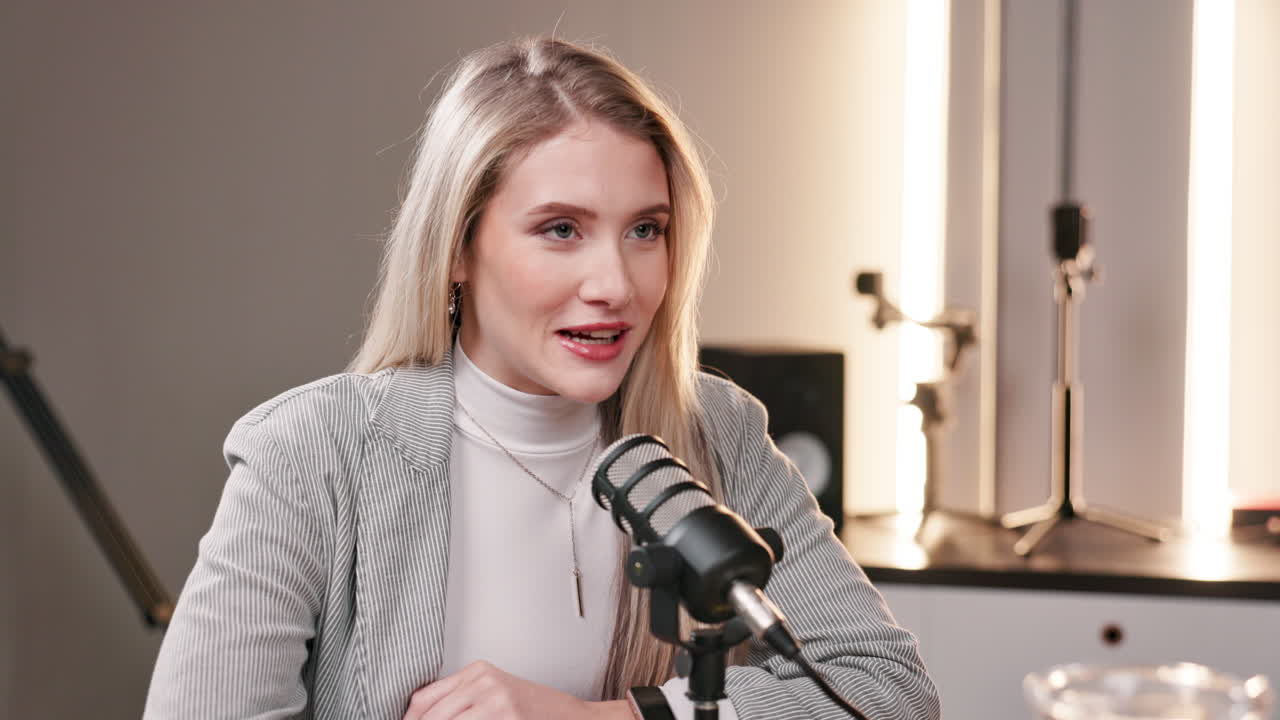 una mujer grabando un podcast.