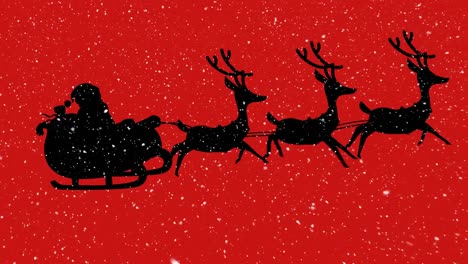 Snow-falling-over-silhouette-of-santa-claus-in-sleigh-being-pulled-by-reindeers-on-red-background