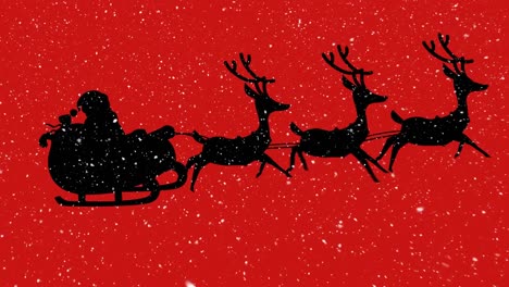 snow falling over silhouette of santa claus in sleigh being pulled by reindeers on red background