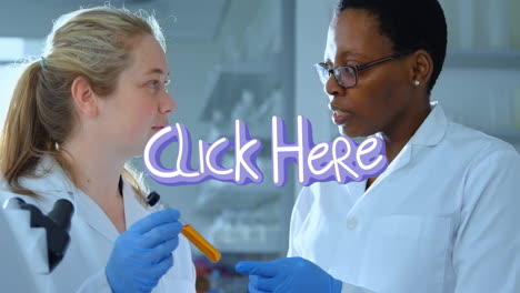 in school, scientists holding test tube discussing animation with click here text