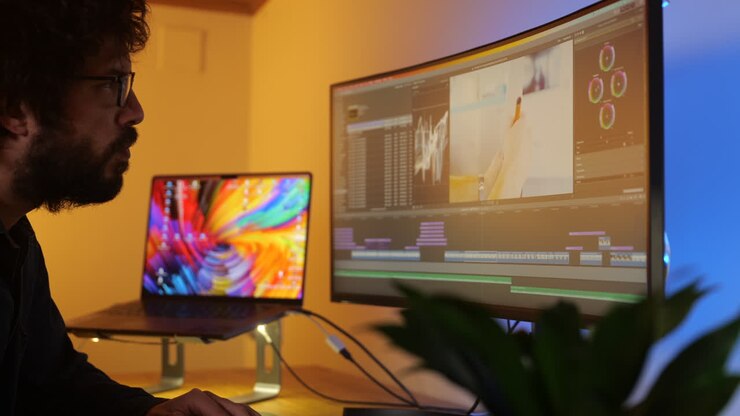 Young adult media editor busy colour grading digital film project on large studio video monitor