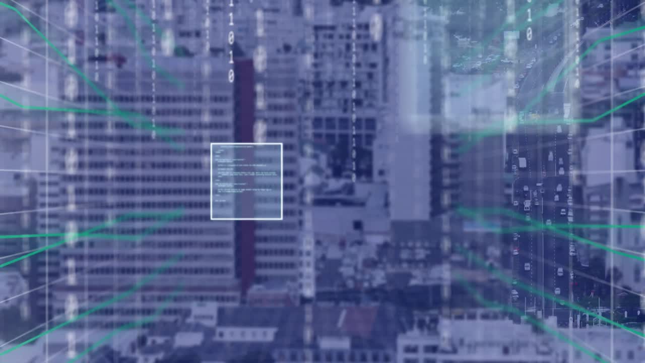 Animation of data processing over cityscape