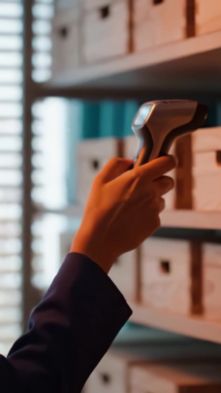 A Person Engaged in Organizing and Reviewing Archival Boxes on a Shelving Unit in a Contemporary Workspace, Capturing Focus and Curiosity in the Environment