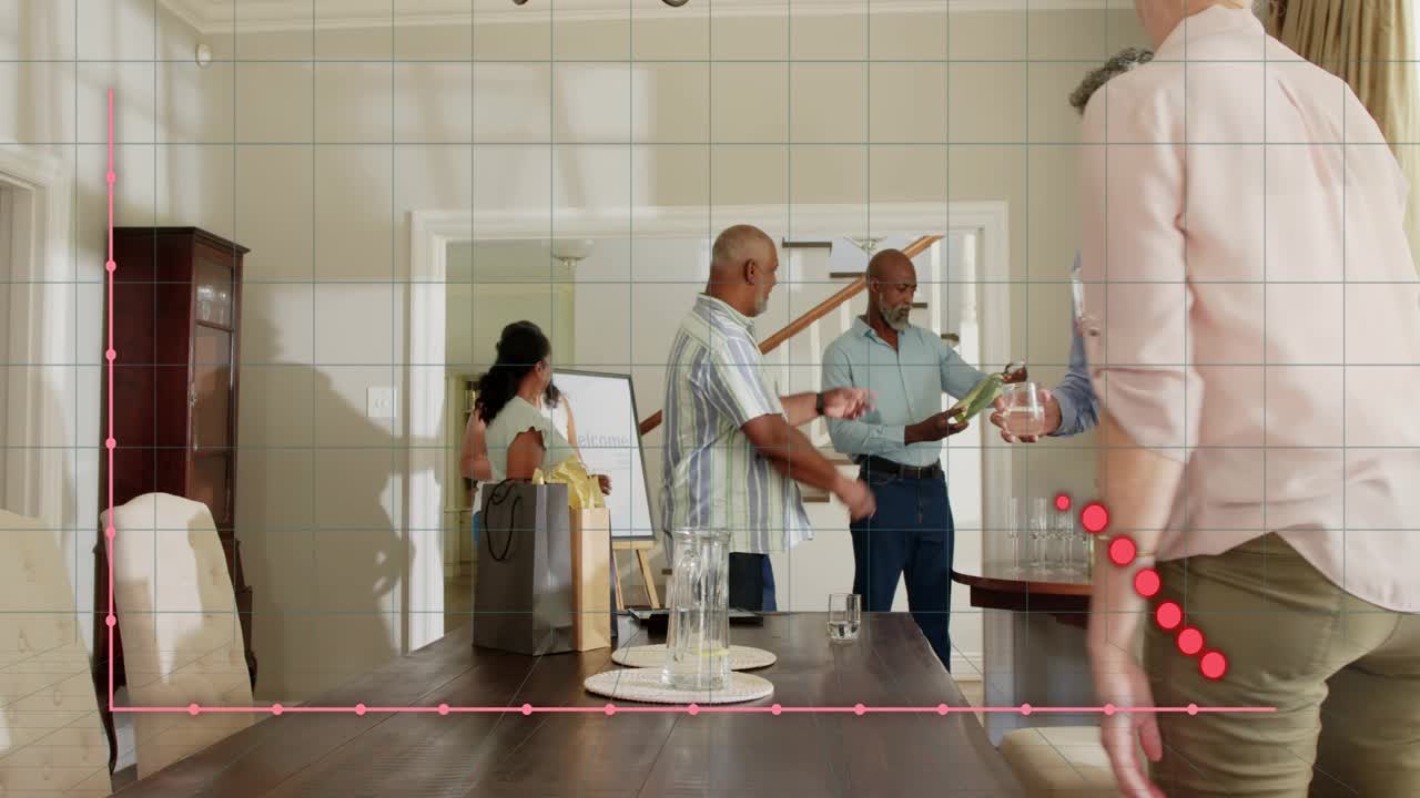 Six adults placing bags on dining table, sparking bottle passing, walking clockwise for events